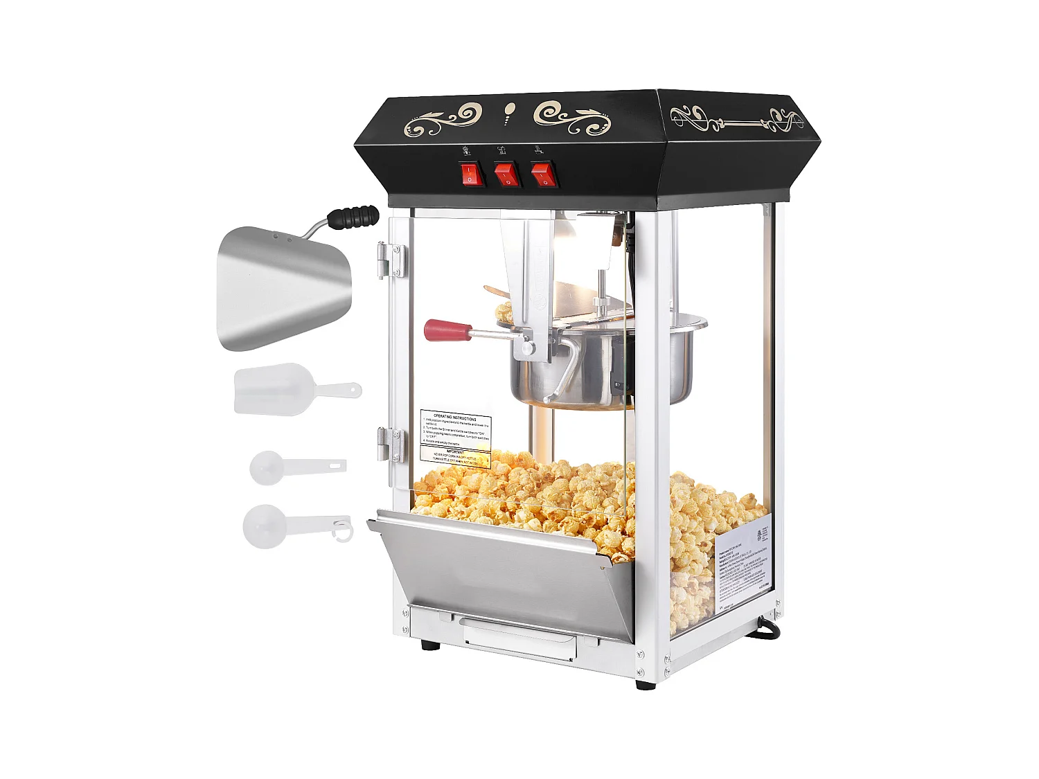 Popcornmaschine SucceBuy 850 W, 227 ml Kessel, 48 Tassen pro Charge, Tischmaschine mit Gehärtetem Glas, Inklusive 4 Löffel, Schwarz