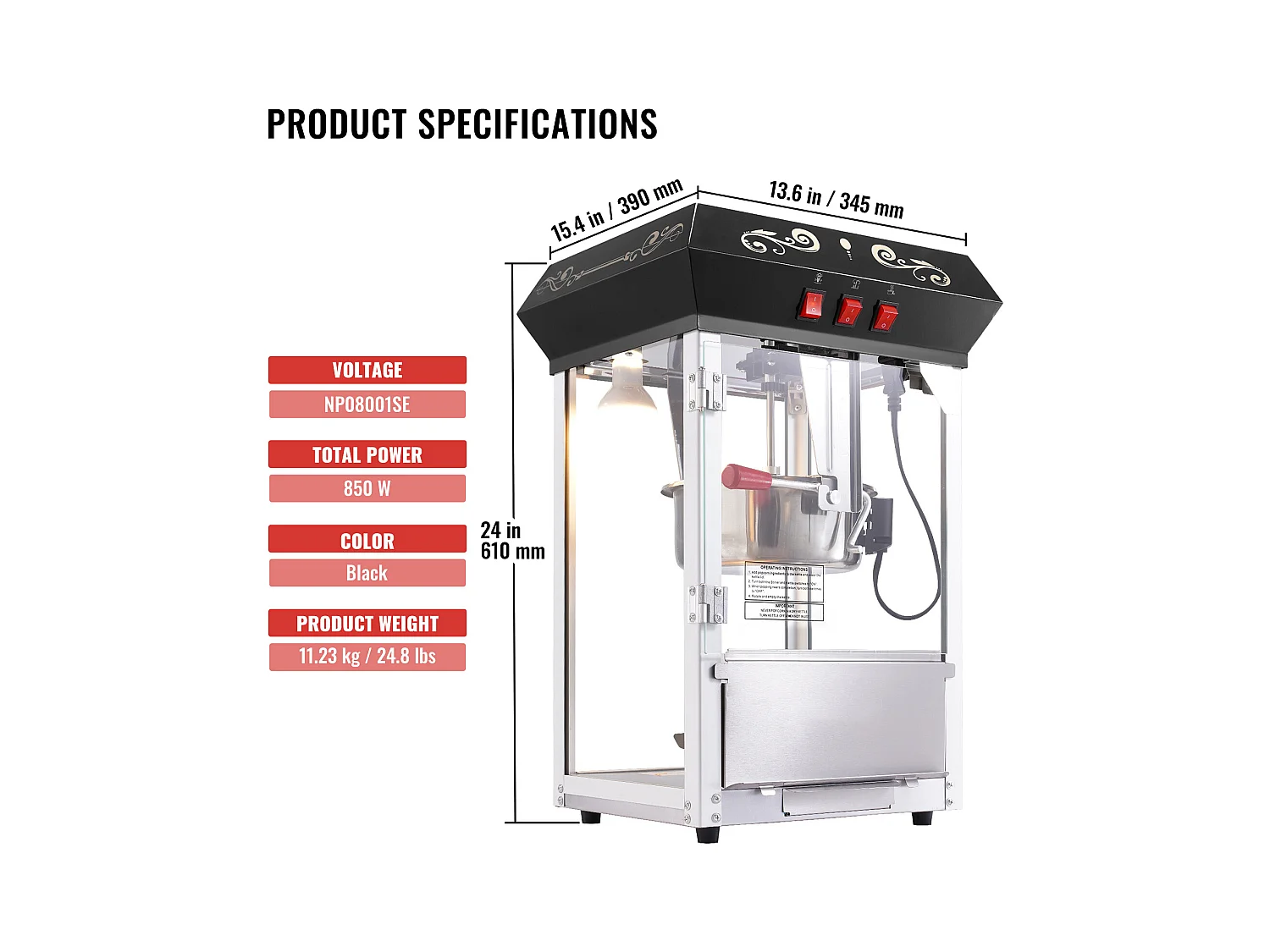 Popcornmaschine SucceBuy 850 W, 227 ml Kessel, 48 Tassen pro Charge, Tischmaschine mit Gehärtetem Glas, Inklusive 4 Löffel, Schwarz