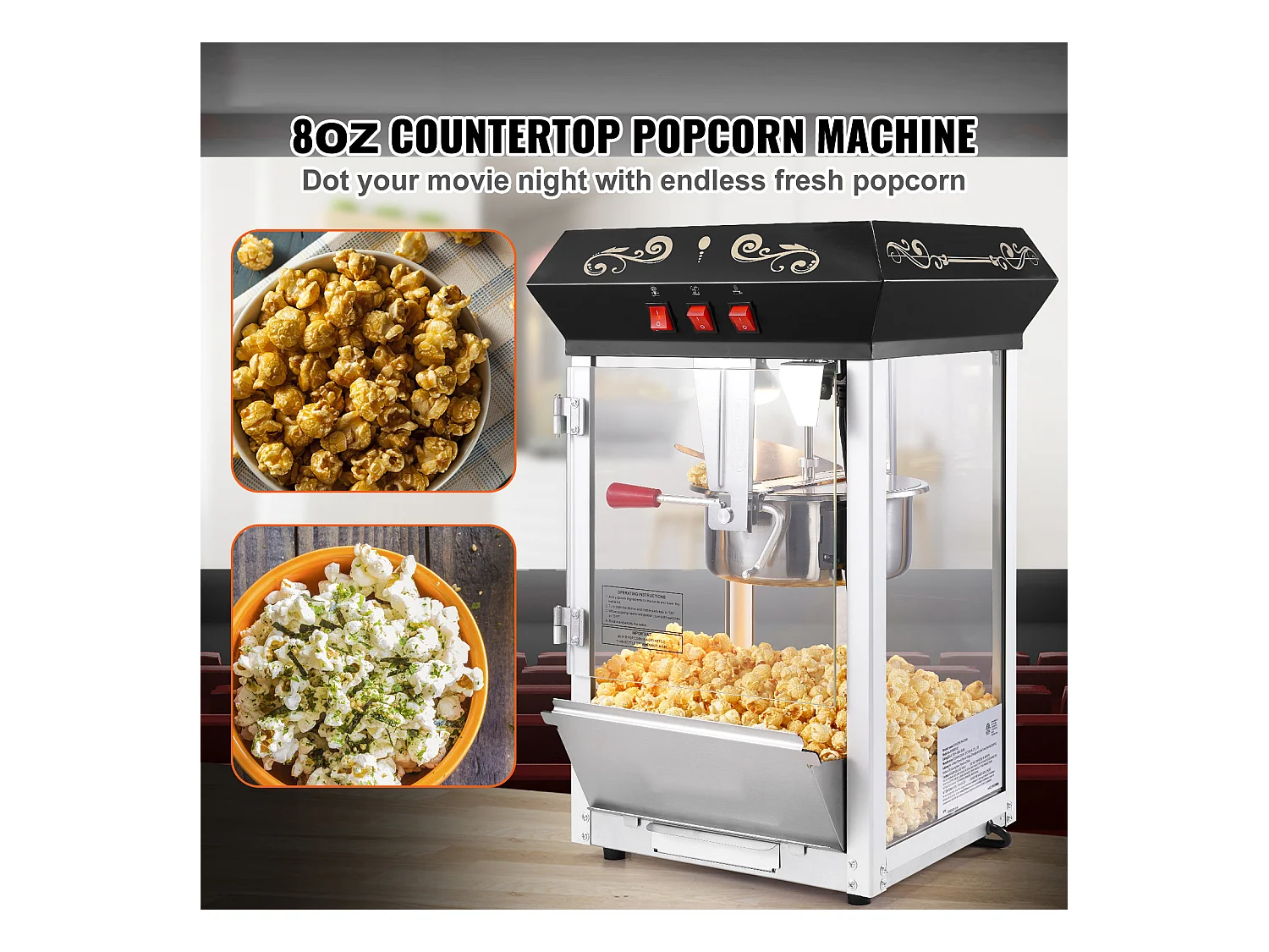 Popcornmaschine SucceBuy 850 W, 227 ml Kessel, 48 Tassen pro Charge, Tischmaschine mit Gehärtetem Glas, Inklusive 4 Löffel, Schwarz