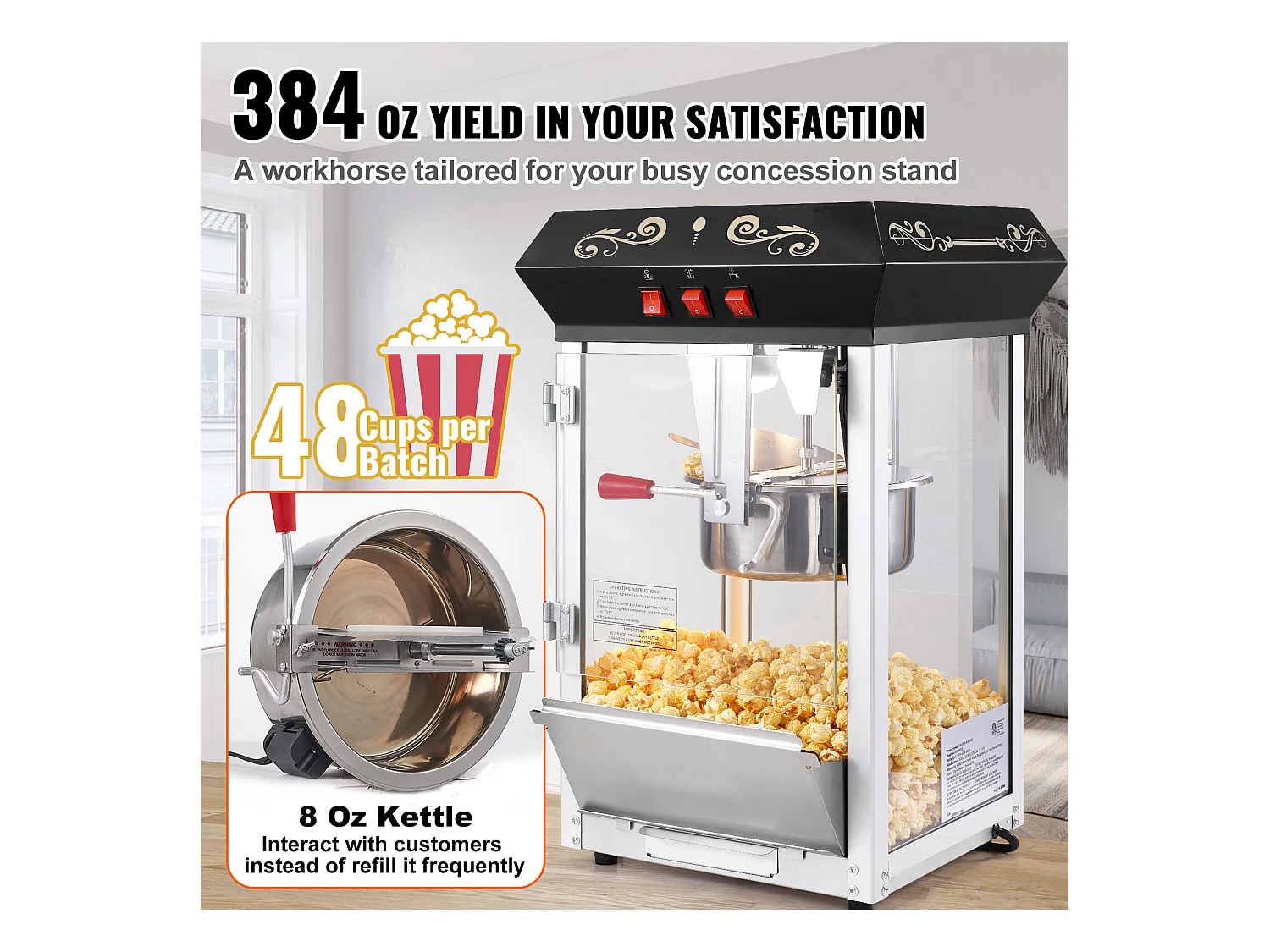 Popcornmaschine SucceBuy 850 W, 227 ml Kessel, 48 Tassen pro Charge, Tischmaschine mit Gehärtetem Glas, Inklusive 4 Löffel, Schwarz
