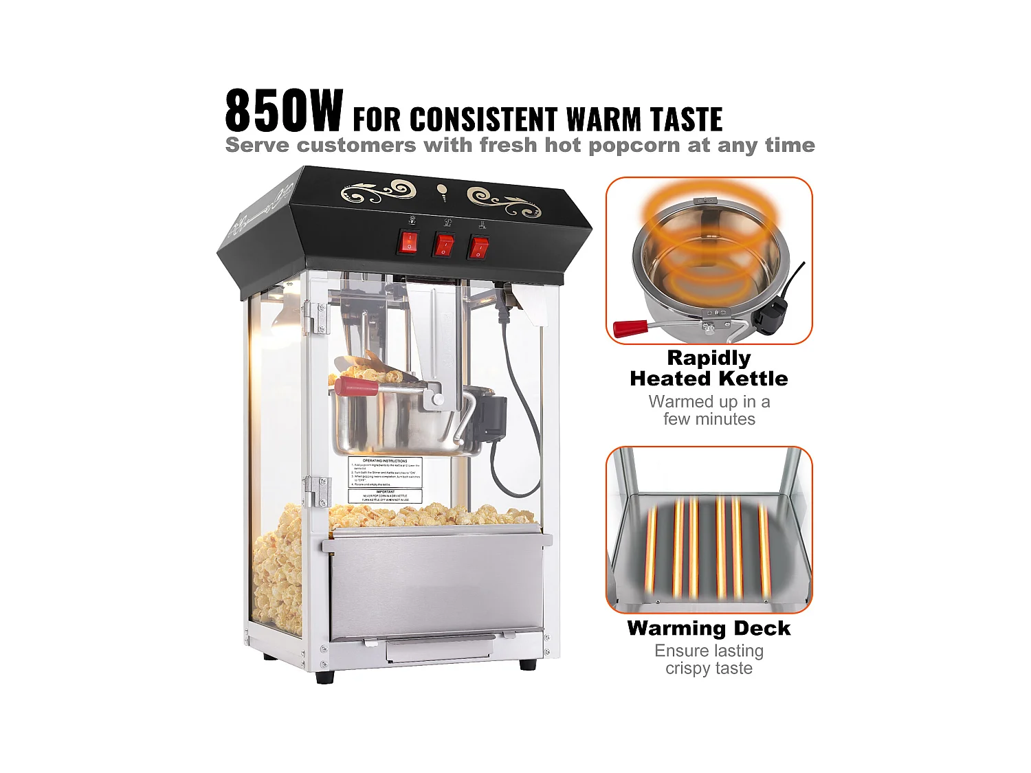 Popcornmaschine SucceBuy 850 W, 227 ml Kessel, 48 Tassen pro Charge, Tischmaschine mit Gehärtetem Glas, Inklusive 4 Löffel, Schwarz