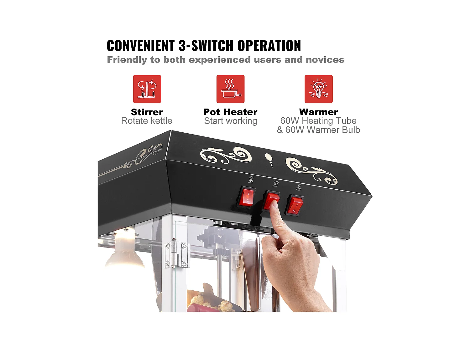 Popcornmaschine SucceBuy 850 W, 227 ml Kessel, 48 Tassen pro Charge, Tischmaschine mit Gehärtetem Glas, Inklusive 4 Löffel, Schwarz