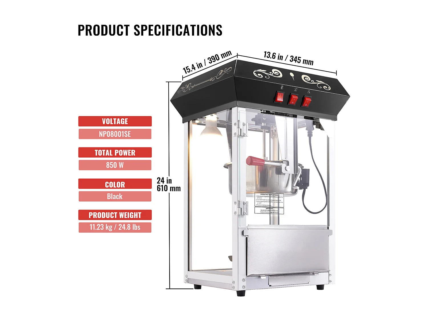 Máquina de Palomitas SucceBuy 850 W, Caldero de 227 ml, 48 Tazas por Lote, Máquina de Mostrador con Vidrio Templado, Incluye 4 Cucharas, Negro