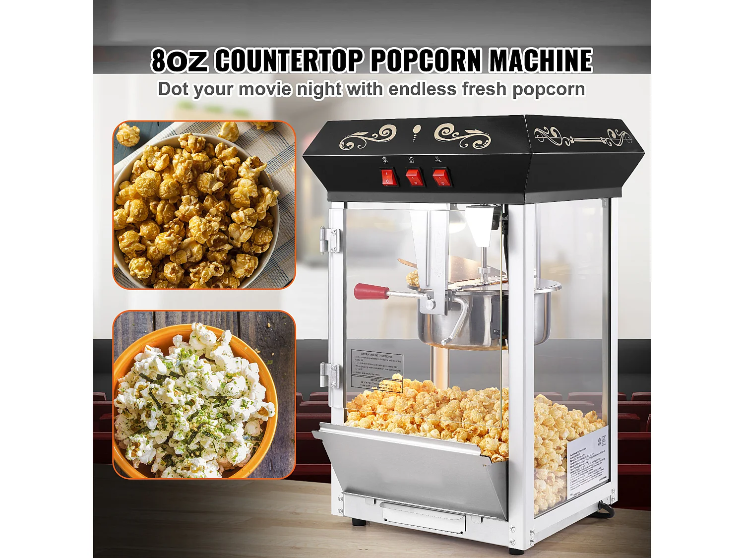 Máquina de Palomitas SucceBuy 850 W, Caldero de 227 ml, 48 Tazas por Lote, Máquina de Mostrador con Vidrio Templado, Incluye 4 Cucharas, Negro