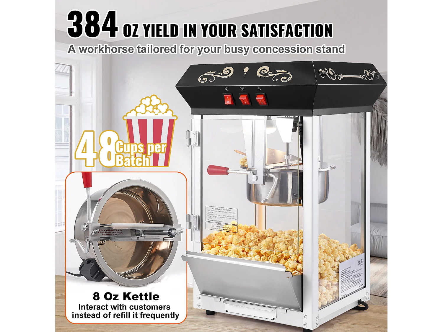 Máquina de Palomitas SucceBuy 850 W, Caldero de 227 ml, 48 Tazas por Lote, Máquina de Mostrador con Vidrio Templado, Incluye 4 Cucharas, Negro