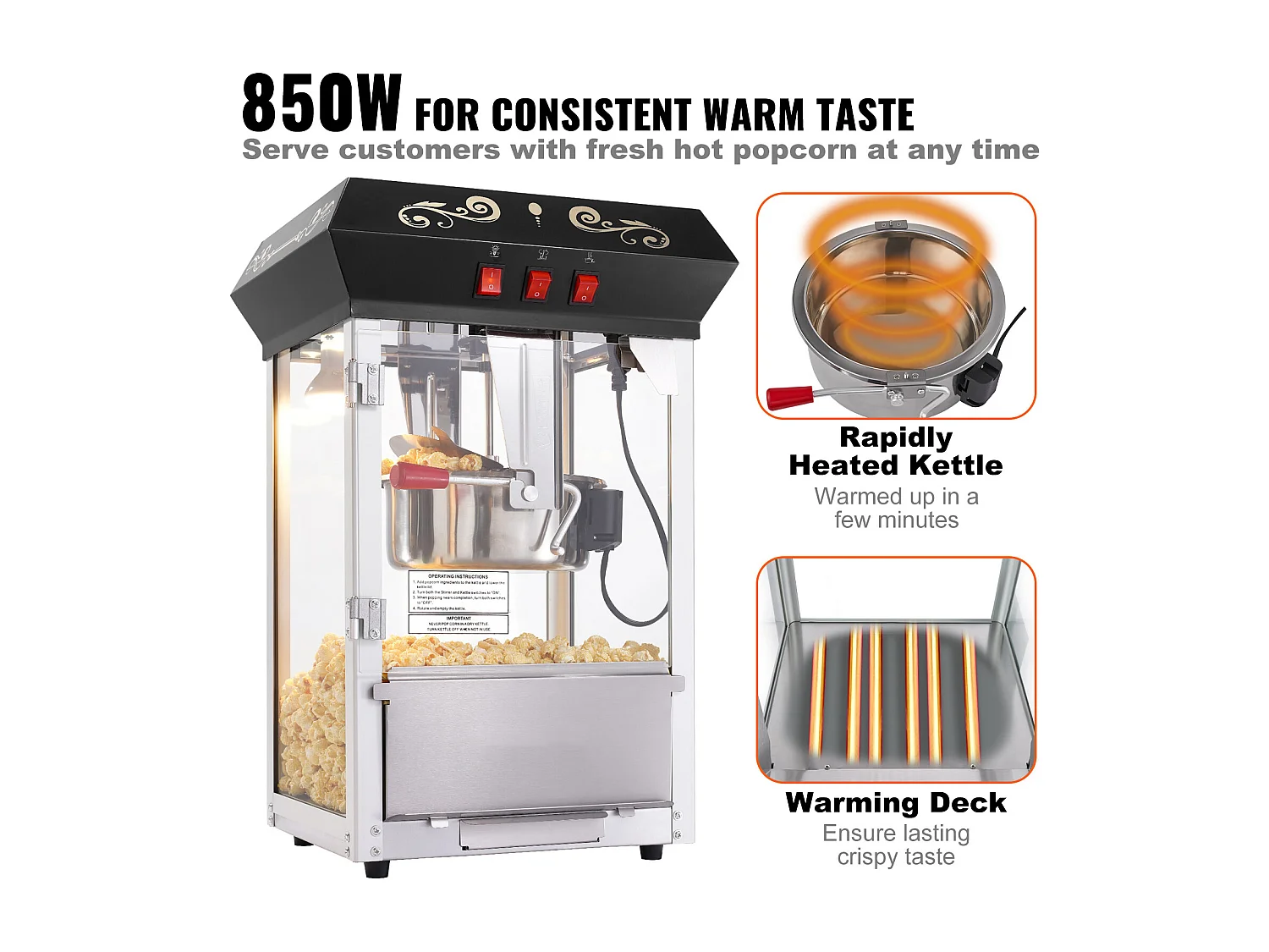 Máquina de Palomitas SucceBuy 850 W, Caldero de 227 ml, 48 Tazas por Lote, Máquina de Mostrador con Vidrio Templado, Incluye 4 Cucharas, Negro