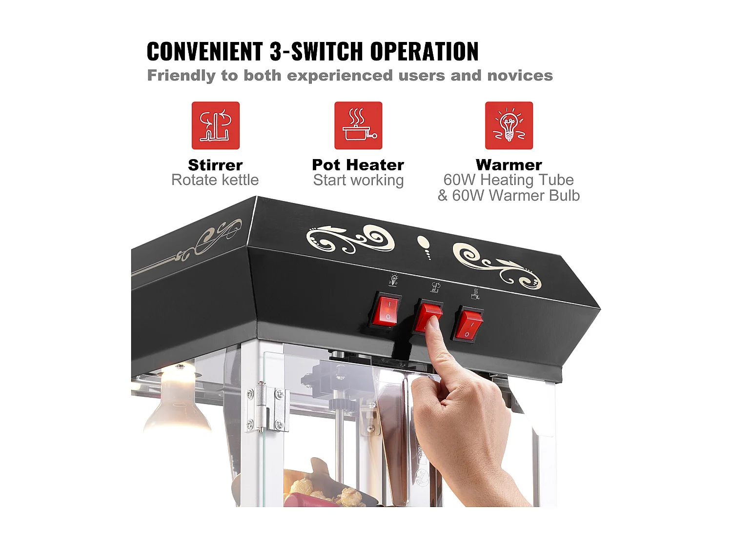 Máquina de Palomitas SucceBuy 850 W, Caldero de 227 ml, 48 Tazas por Lote, Máquina de Mostrador con Vidrio Templado, Incluye 4 Cucharas, Negro