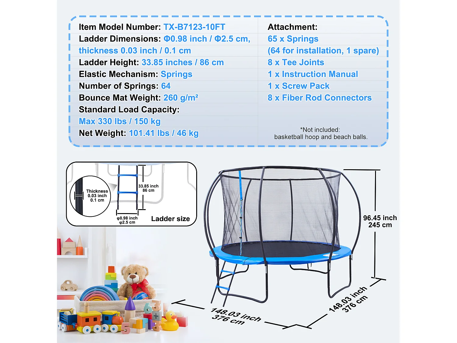 Trampoline Récréatif D'Extérieur SucceBuy,  366 cm pour Enfants avec Filet de Sécurité