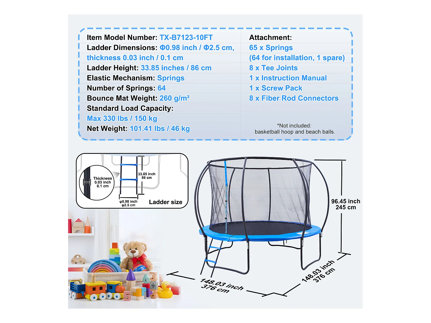 Trampoline Récréatif D'Extérieur SucceBuy, 305 cm pour Enfants avec Filet de Sécurité