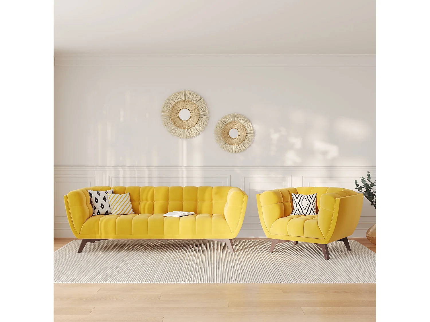 Ensemble canapé et fauteuil en velours jaune 4 places - Mona