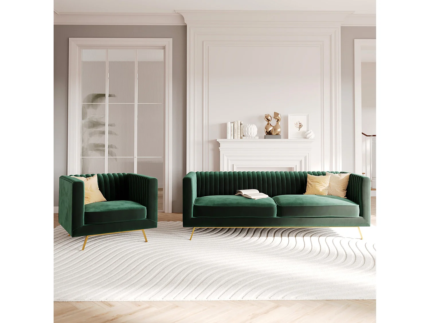 Ensemble canapé et fauteuil en velours vert 3 places - Gatsby