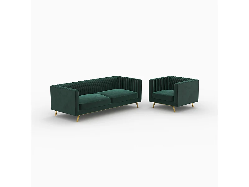 Conjunto de sofá y sillón de terciopelo verde de 3 plazas - Gatsby