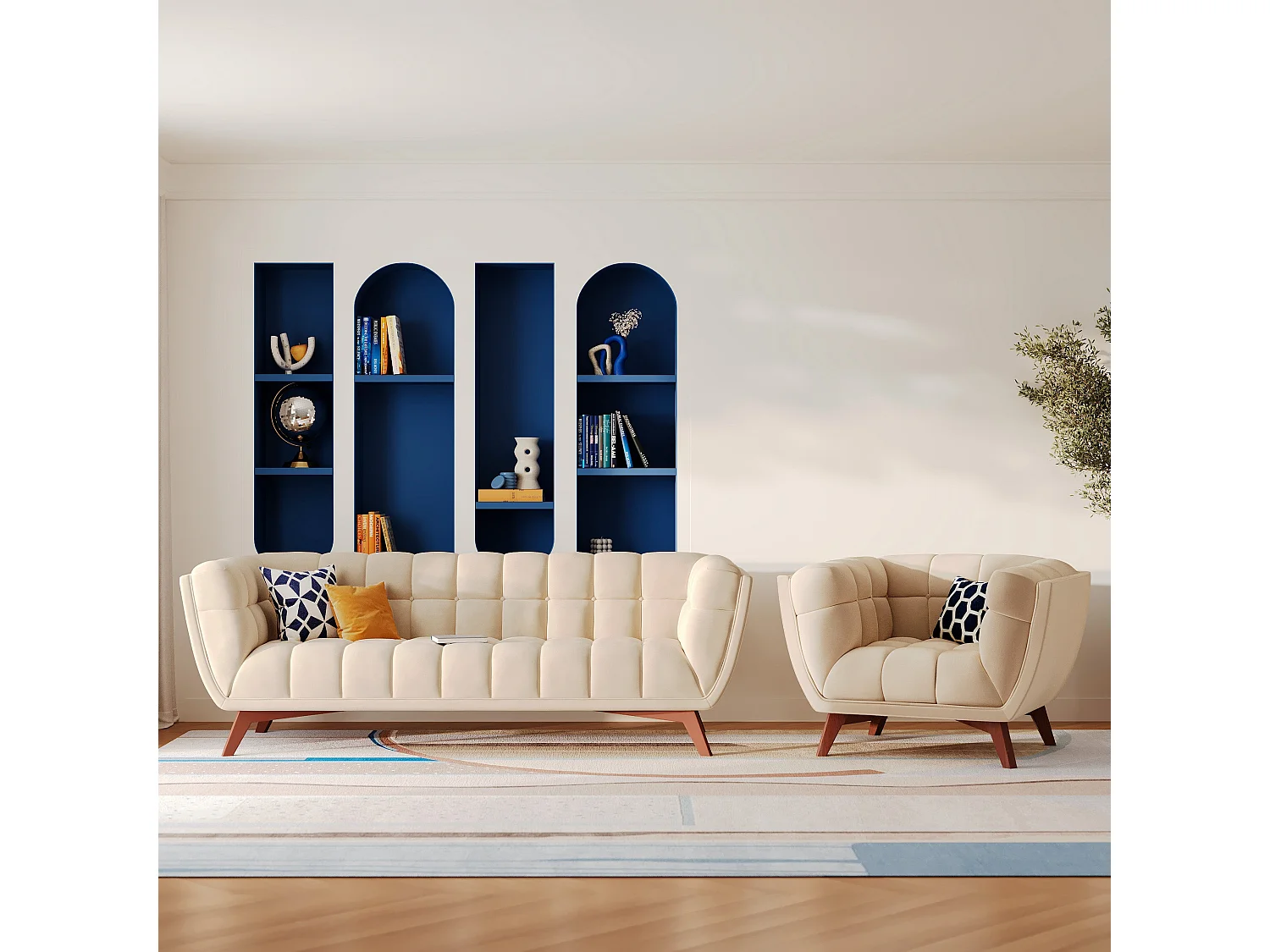 Ensemble canapé et fauteuil en velours beige 4 places - Mona