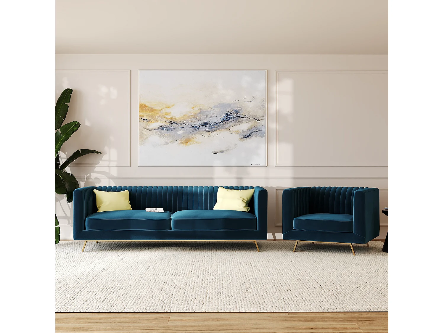 Conjunto de sofá y sillón de terciopelo azul de 3 plazas - Gatsby
