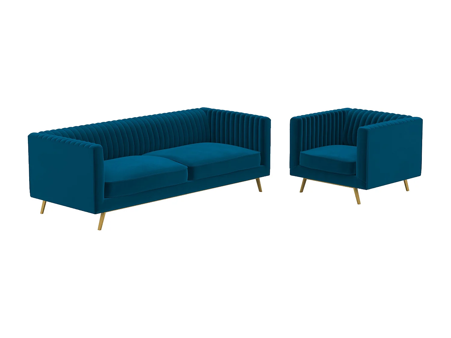Set divano e poltrona in velluto blu per 3 posti - Gatsby