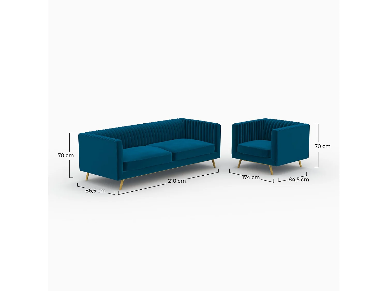 Set divano e poltrona in velluto blu per 3 posti - Gatsby
