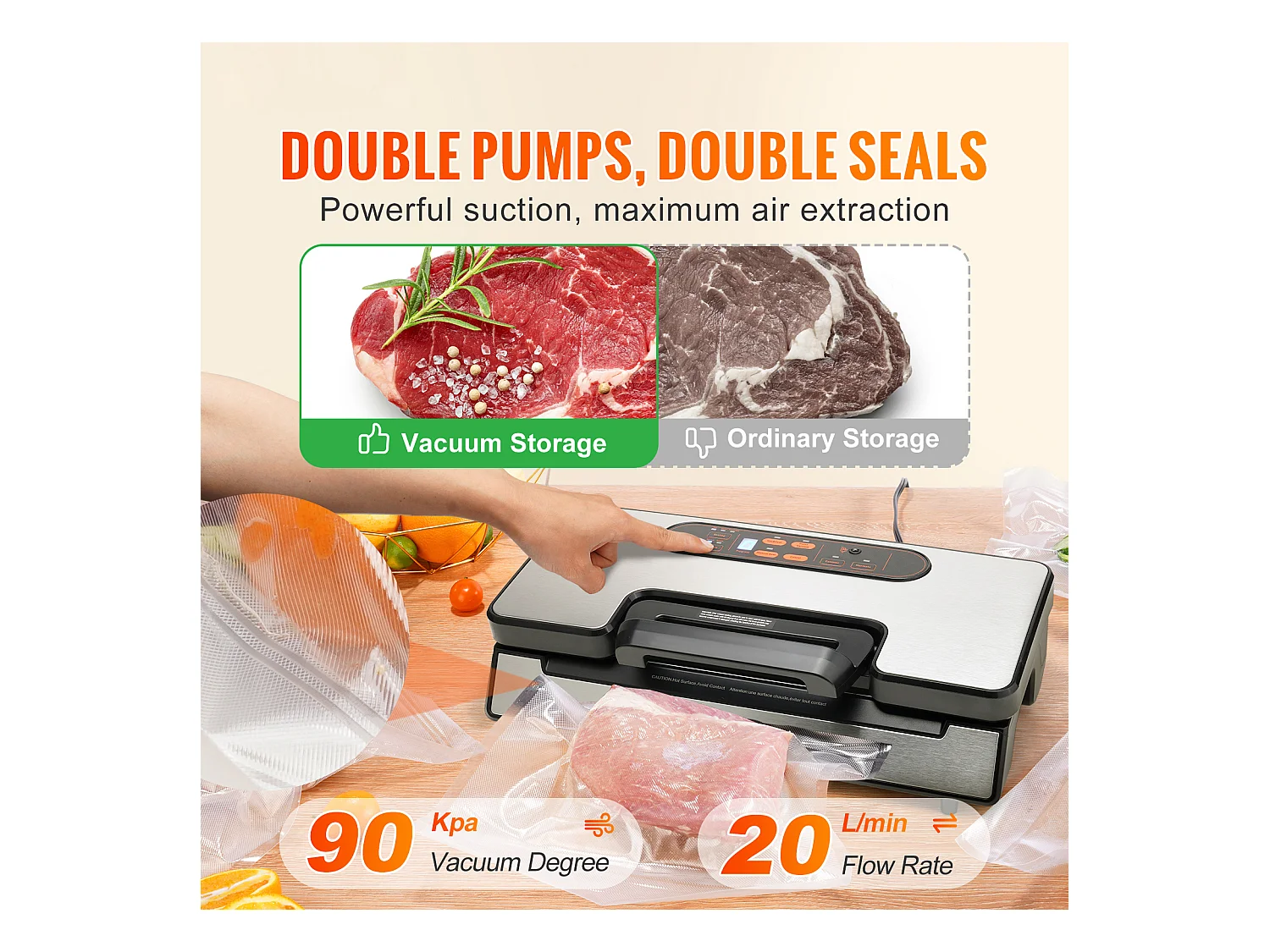 Machine sous Vide SucceBuy Machine à Emballer sous Vide, Économiseur de Conservation des Aliments 90 kPa avec Sacs Scellés