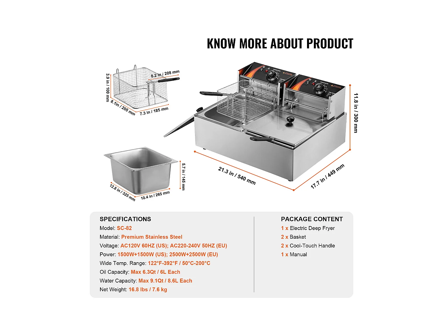 Friteuse Électrique Commerciale SucceBuy, Capacité de 24 L, Friteuse de Comptoir en Acier Inoxydable de 5 000 W avec Deux Paniers Amovibles