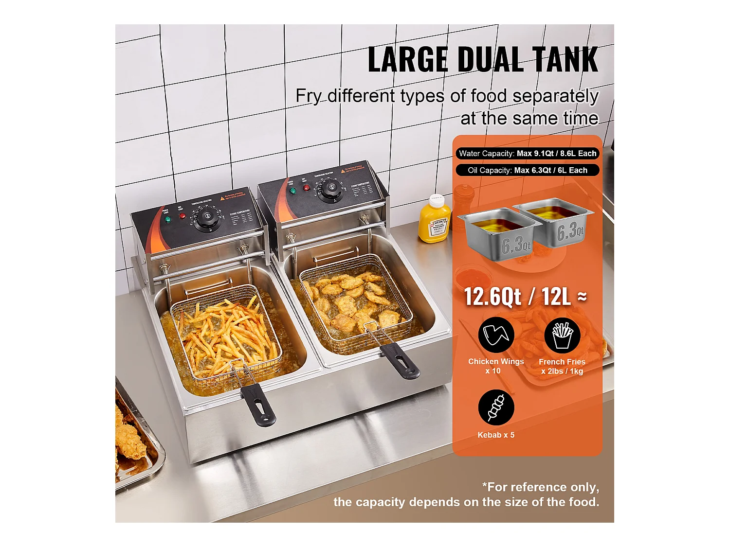 Friteuse Électrique Commerciale SucceBuy, Capacité de 24 L, Friteuse de Comptoir en Acier Inoxydable de 5 000 W avec Deux Paniers Amovibles