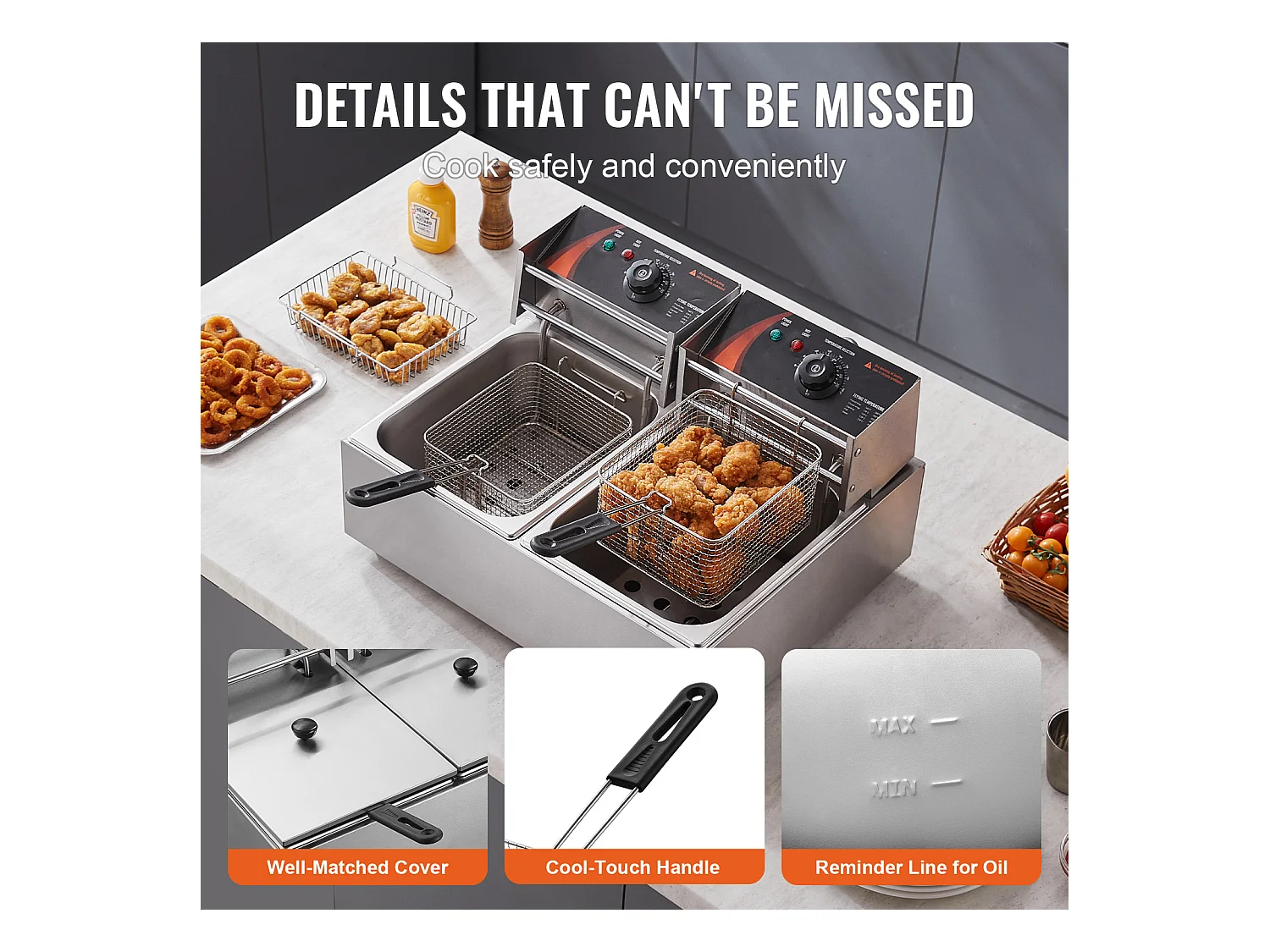 Friteuse Électrique Commerciale SucceBuy, Capacité de 24 L, Friteuse de Comptoir en Acier Inoxydable de 5 000 W avec Deux Paniers Amovibles