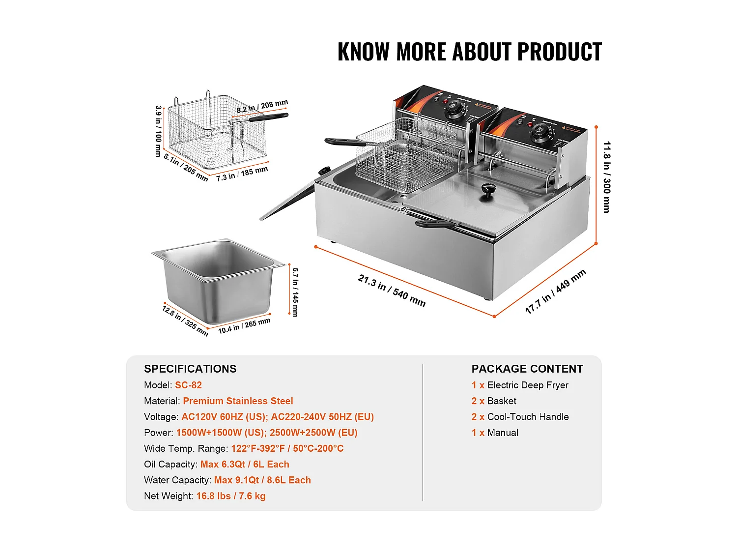 Commerciële Elektrische Friteuse SucceBuy, Capaciteit van 24 L, RVS Aanrekenfriteuse van 5 000 W met Twee Verwijderbare Manden