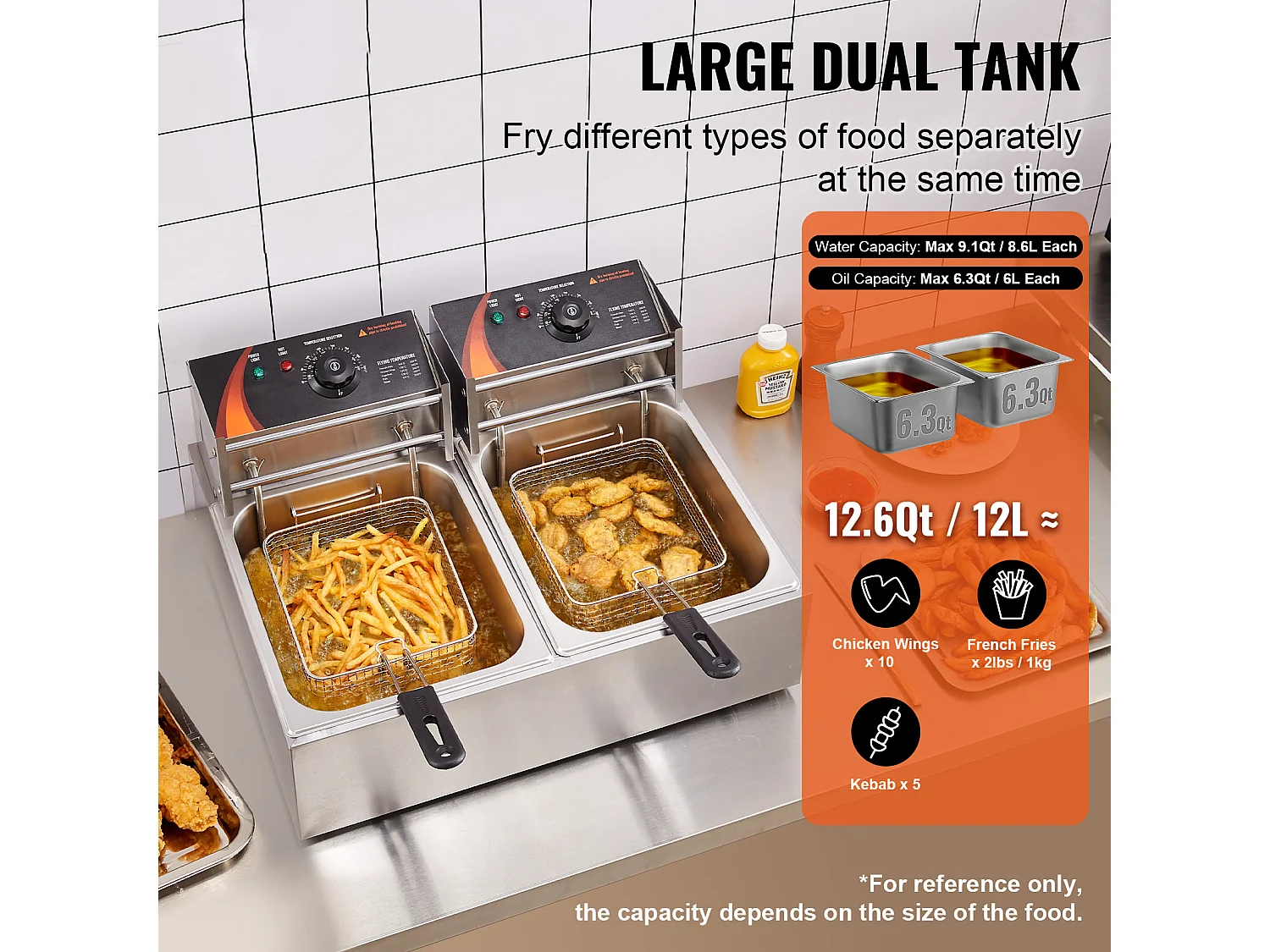 Commerciële Elektrische Friteuse SucceBuy, Capaciteit van 24 L, RVS Aanrekenfriteuse van 5 000 W met Twee Verwijderbare Manden