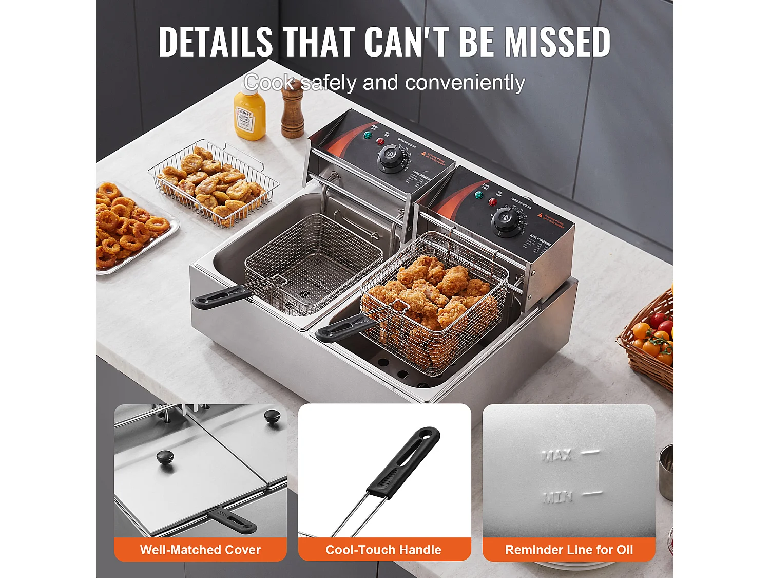 Commerciële Elektrische Friteuse SucceBuy, Capaciteit van 24 L, RVS Aanrekenfriteuse van 5 000 W met Twee Verwijderbare Manden