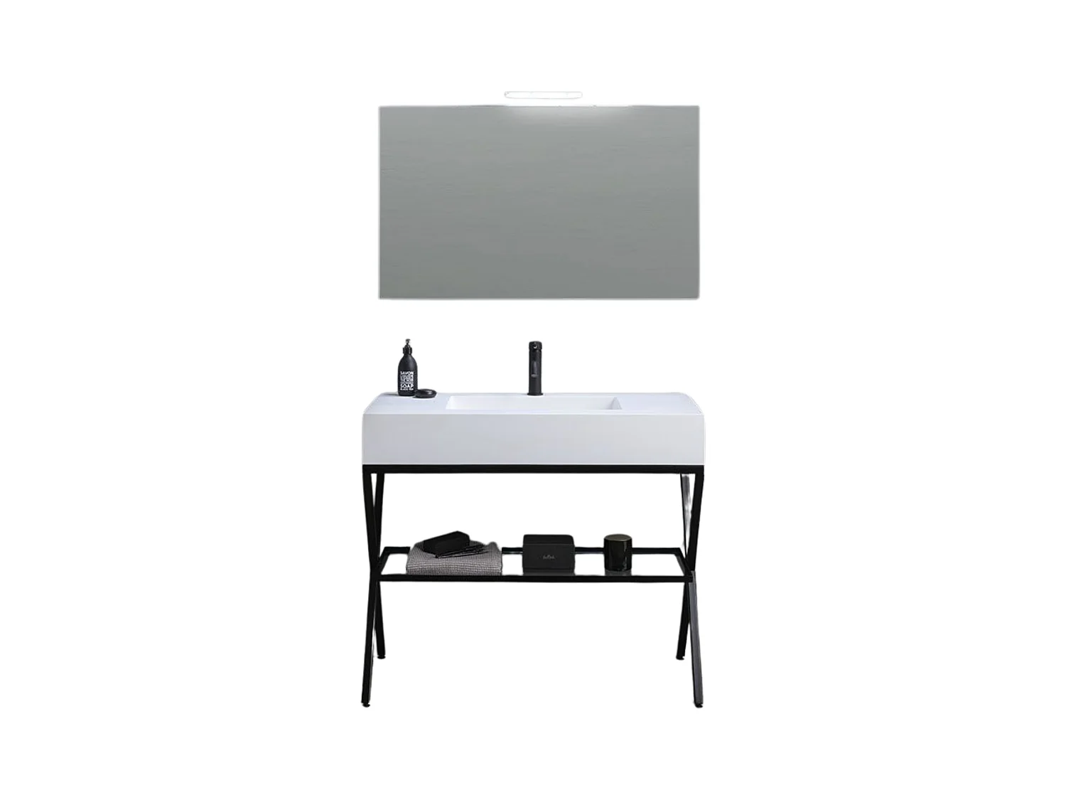 Meuble de salle de bain moderne blanc « Petra » sur pied avec miroir, lavabo et étagère en verre de 100 cm