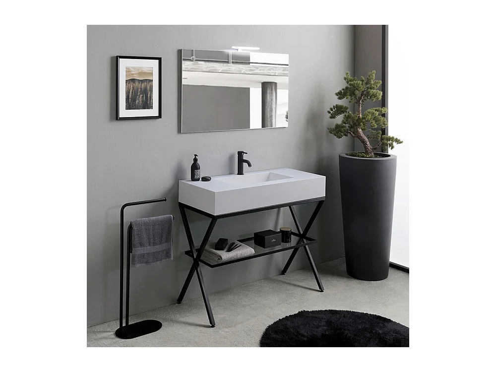 Meuble de salle de bain moderne blanc « Petra » sur pied avec miroir, lavabo et étagère en verre de 100 cm