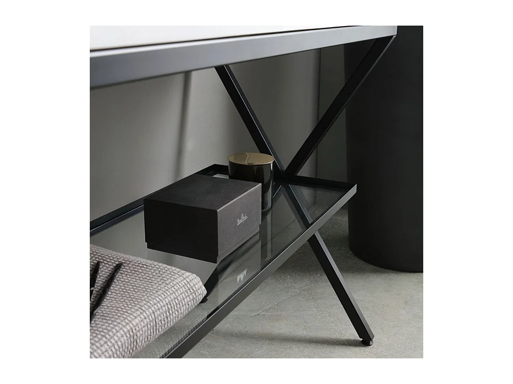 Meuble de salle de bain moderne blanc « Petra » sur pied avec miroir, lavabo et étagère en verre de 100 cm