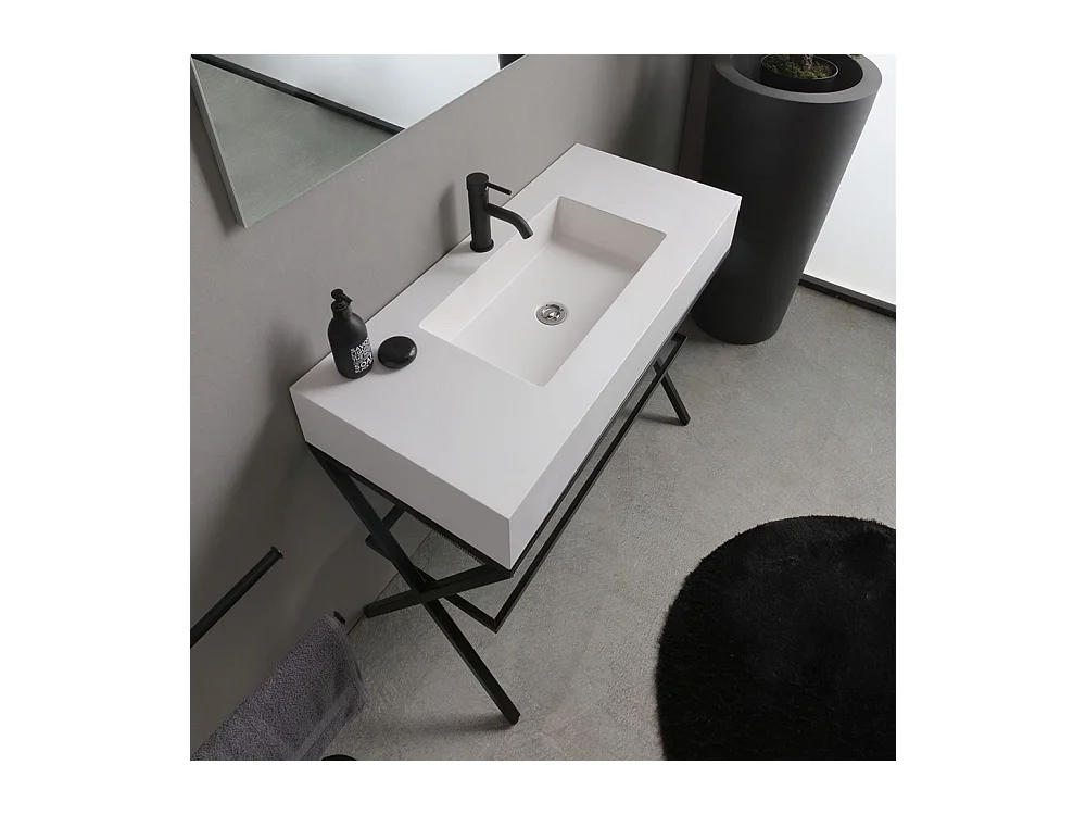 Meuble de salle de bain moderne blanc « Petra » sur pied avec miroir, lavabo et étagère en verre de 100 cm