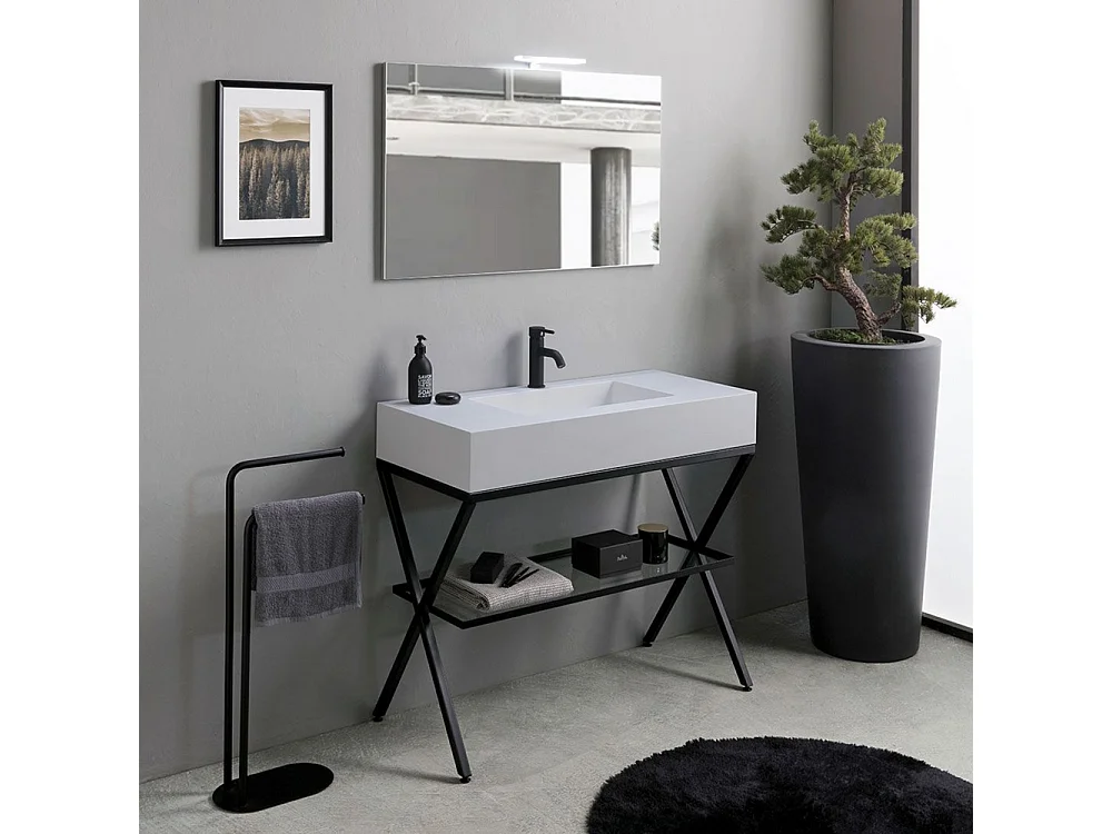 Meuble de salle de bain moderne blanc « Petra » sur pied avec miroir, lavabo et étagère en verre de 100 cm