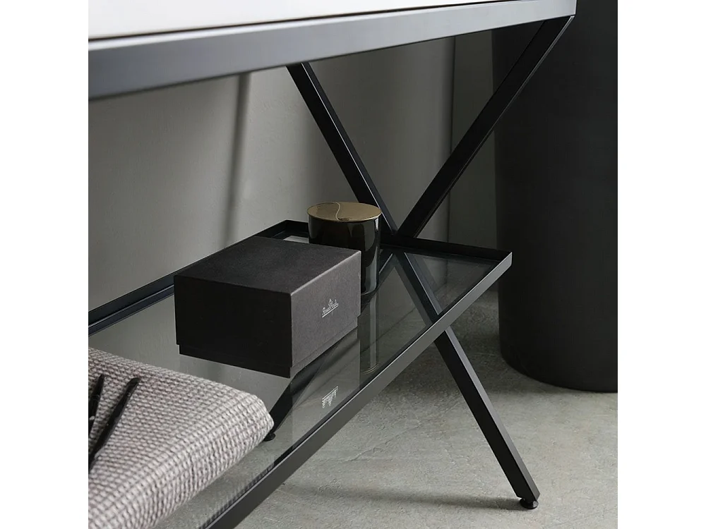 Meuble de salle de bain moderne blanc « Petra » sur pied avec miroir, lavabo et étagère en verre de 100 cm