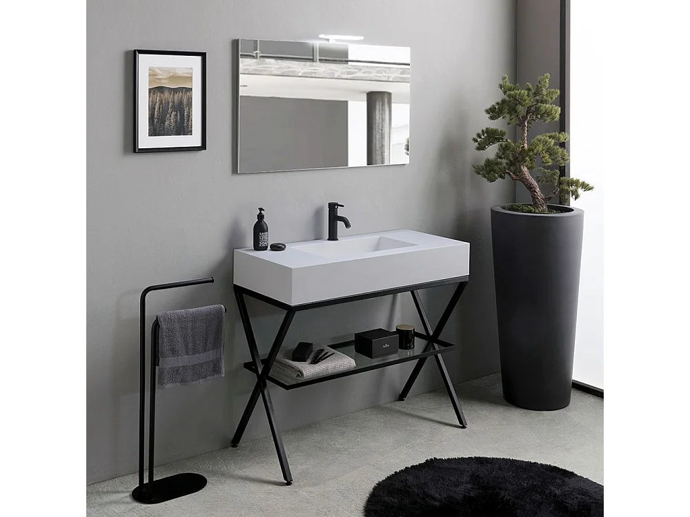 Meuble de salle de bain moderne blanc « Petra » sur pied avec miroir, lavabo et étagère en verre de 100 cm