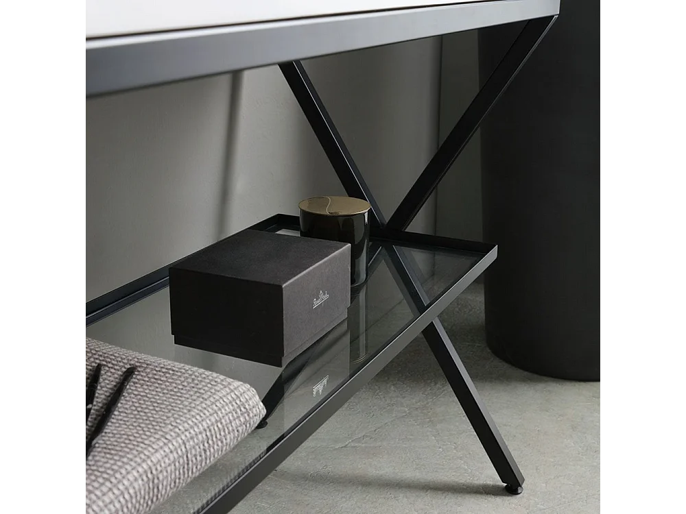 Meuble de salle de bain moderne blanc « Petra » sur pied avec miroir, lavabo et étagère en verre de 100 cm