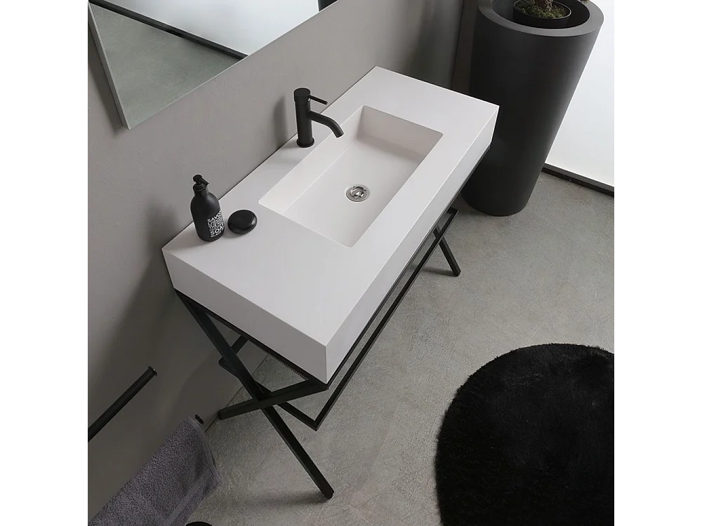 Meuble de salle de bain moderne blanc « Petra » sur pied avec miroir, lavabo et étagère en verre de 100 cm