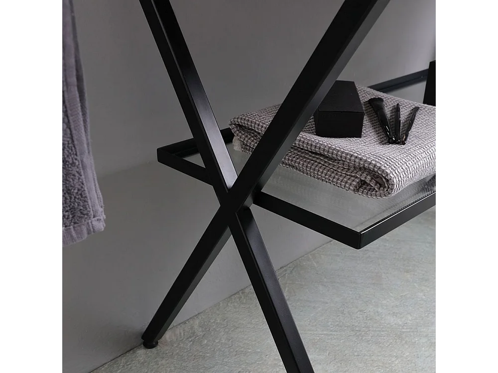 Meuble de salle de bain moderne blanc « Petra » sur pied avec miroir, lavabo et étagère en verre de 100 cm