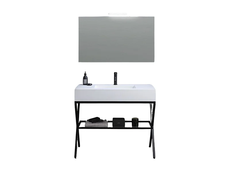Mueble de baño moderno de pie "Petra" en color blanco con espejo, lavabo y balda de cristal de 100 cm.