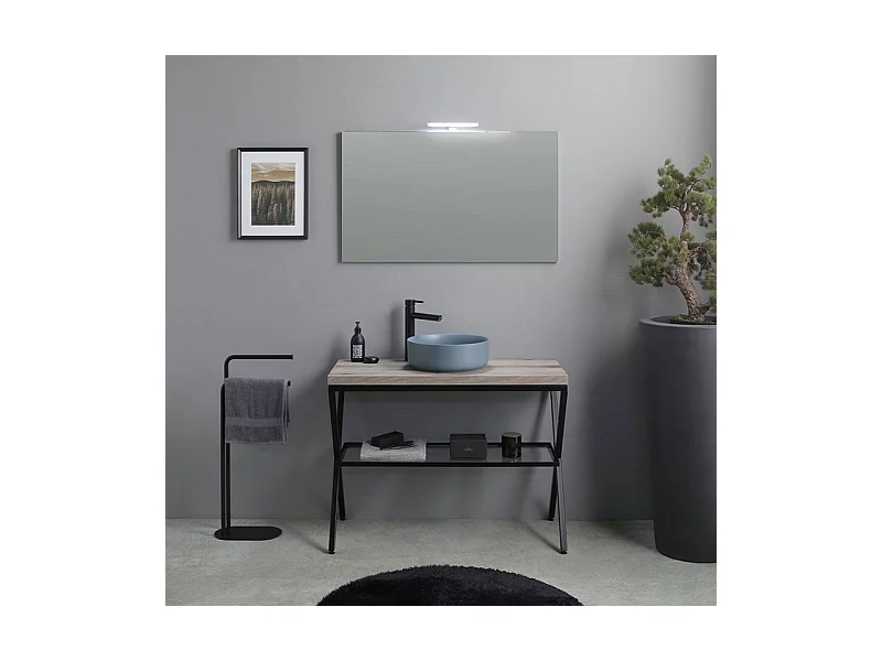 Meuble de salle de bain sur pied « Medellín » 100 cm en chêne fossile avec vasque ronde en céramique grise et miroir rectangulaire