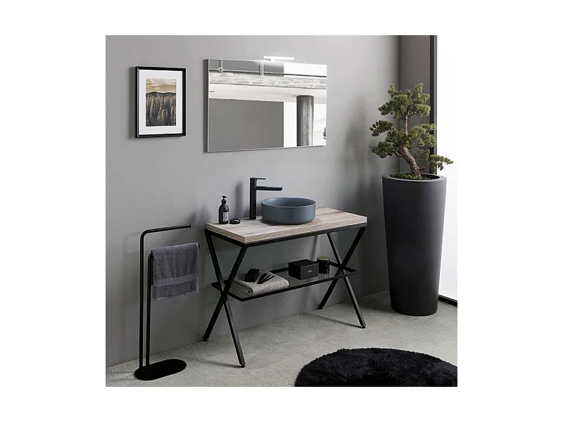 Meuble de salle de bain sur pied « Medellín » 100 cm en chêne fossile avec vasque ronde en céramique grise et miroir rectangulaire