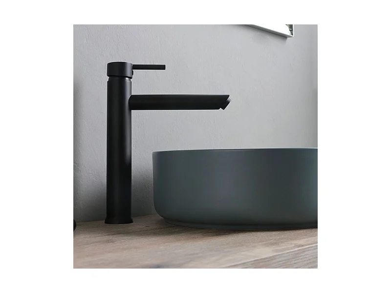 Meuble de salle de bain sur pied « Medellín » 100 cm en chêne fossile avec vasque ronde en céramique grise et miroir rectangulaire