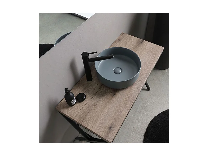 Meuble de salle de bain sur pied « Medellín » 100 cm en chêne fossile avec vasque ronde en céramique grise et miroir rectangulaire