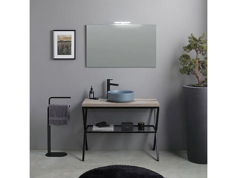 Móvel de casa de banho de chão "Medellín" de 100 cm em carvalho fóssil com lavatório redondo em cerâmica cinzenta e espelho retangular