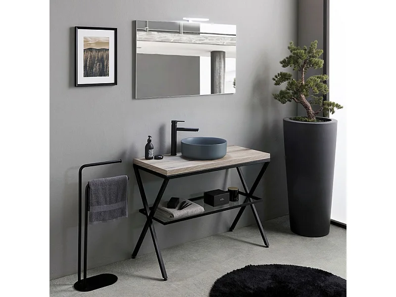 Móvel de casa de banho de chão "Medellín" de 100 cm em carvalho fóssil com lavatório redondo em cerâmica cinzenta e espelho retangular