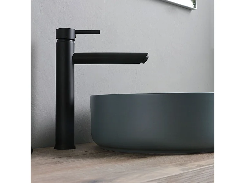 Móvel de casa de banho de chão "Medellín" de 100 cm em carvalho fóssil com lavatório redondo em cerâmica cinzenta e espelho retangular