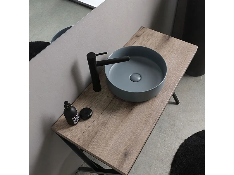 Móvel de casa de banho de chão "Medellín" de 100 cm em carvalho fóssil com lavatório redondo em cerâmica cinzenta e espelho retangular