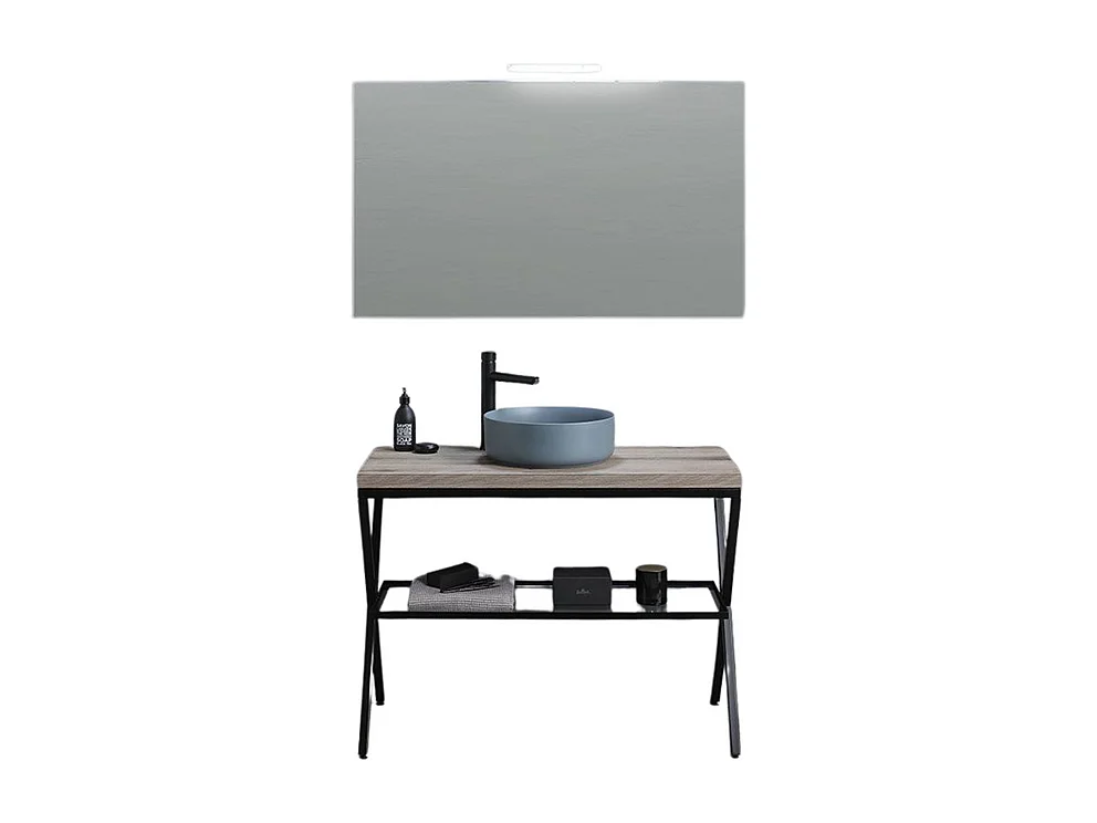 „Medellín“ 100 cm Badezimmer-Standschrank aus fossiler Eiche mit rundem grauem Keramikwaschbecken und rechteckigem Spiegel