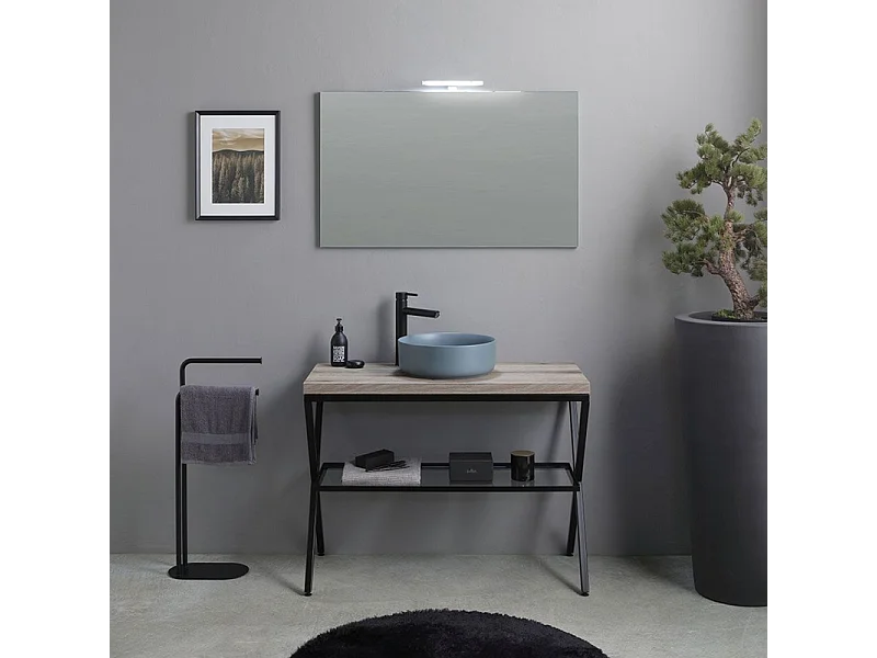 „Medellín“ 100 cm Badezimmer-Standschrank aus fossiler Eiche mit rundem grauem Keramikwaschbecken und rechteckigem Spiegel