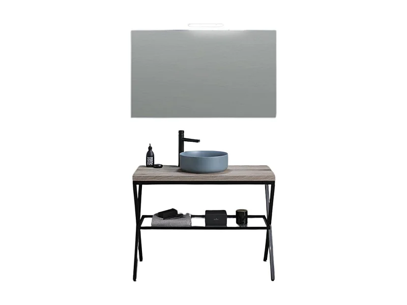 Stojąca szafka łazienkowa "Medellín" 100 cm z dębu kopalnego z okrągłą szarą ceramiczną umywalką i prostokątnym lustrem