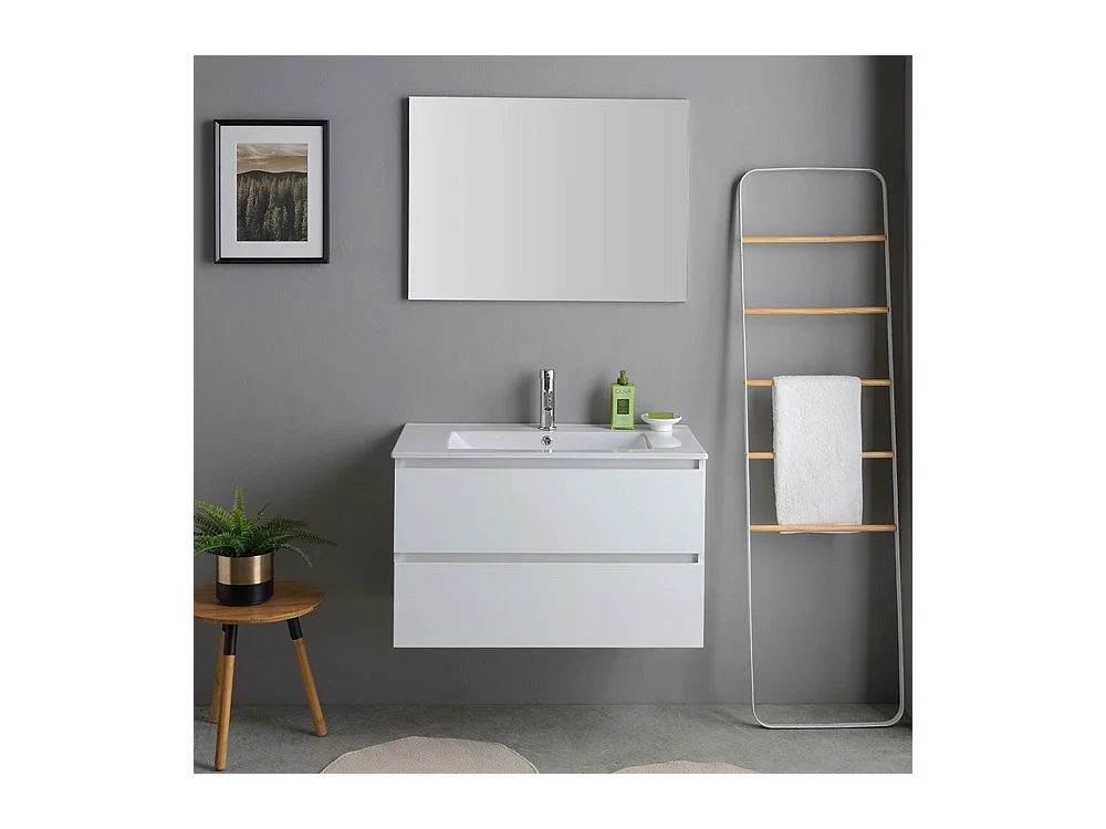Biała szafka łazienkowa "Havana Plus" wisząca 2 szuflady podstawa ze zintegrowaną umywalką ceramiczną lustro 80 cm